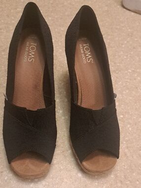 TOMS Black Peep-Toe Wedge Shoes